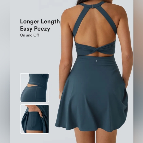 Halara Twist Back Active Dress Easy Peezy Longer Length D-F Cup Sz L Teal Blue - Picture 2 of 12